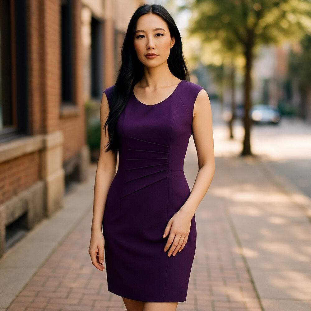 Calvin Klein Plum Hip Pleated Sheath Dress Size 14 Elegant Career & Evening Wear